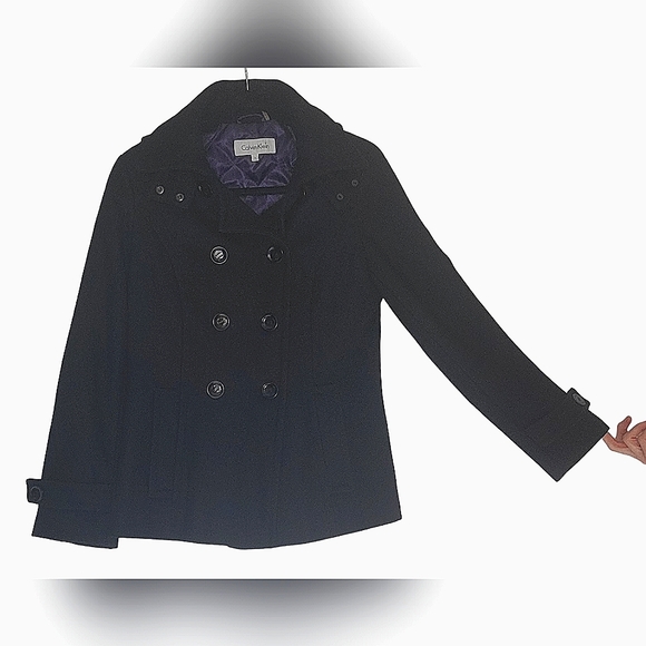 Calvin Klein Double Breasted Hooded Woolblend Peacoat With Purple Lining size 6 - Picture 4 of 16